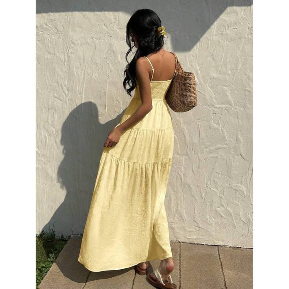 Sunnyshic Apricot Textured Fabric Drawstring Pleated Camisole Dress, Loose & Sli - Picture 2 of 6